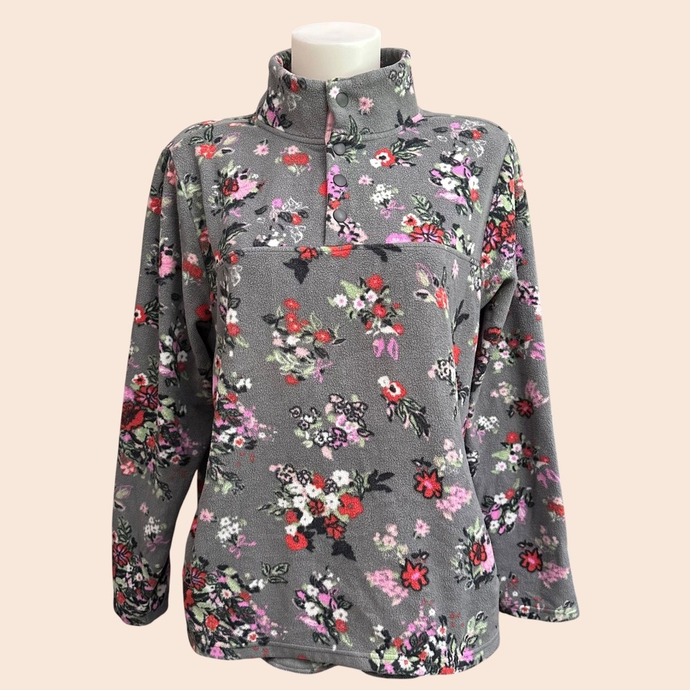 Vera Bradley Gray Snap Buttoned Funnel Neck Floral Fleece Pullover sz XL